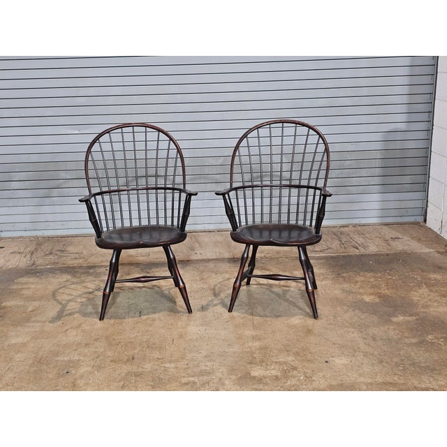 Store Item: Pair of D.R. Dimes Sack Back Windsor Arm Chairs Bench Made Black Crackle Finish Description: Each Chair has a...