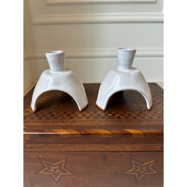Ceramic Vintage Handcrafted Signed Atomic Glazed Terracotta Candleholders - A Pair For Sale - Image 7 of 18