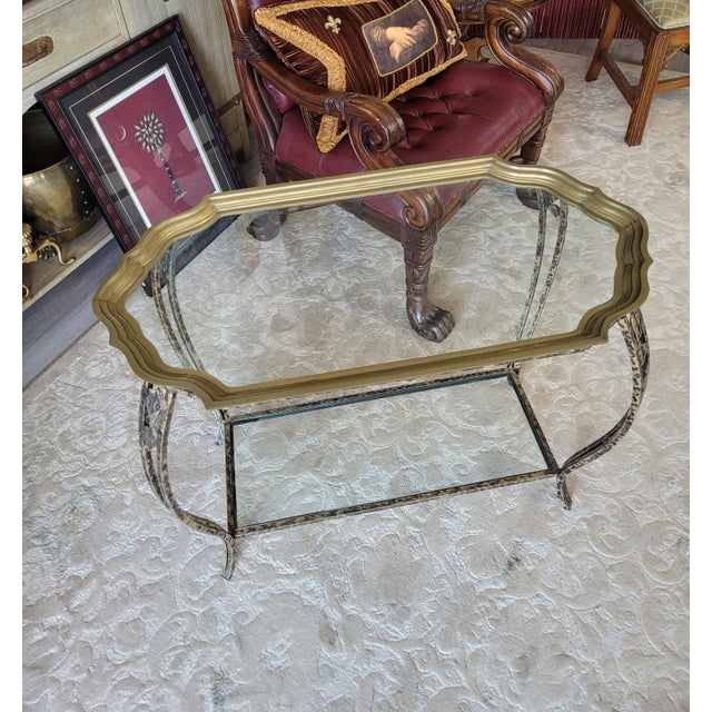 Hollywood Regency 1980s Hollywood Regency Brass, Glass and Wrought Iron Butler Tray Table For Sale - Image 3 of 9