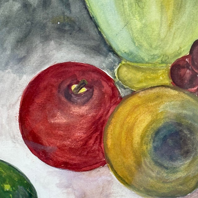 Vintage Original French Country Still Life Watercolor Fruit Wine Copper Pot For Sale - Image 4 of 9