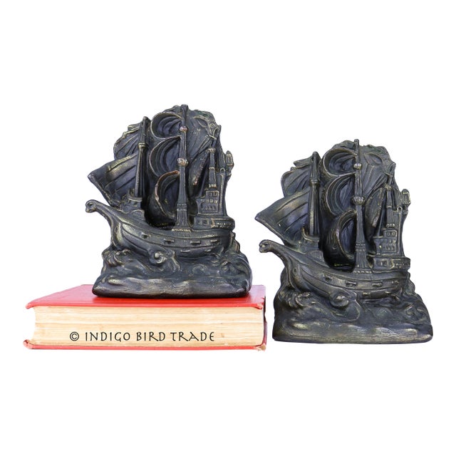 Antique Armor Bronze Ship Bookends - Set of 2 For Sale