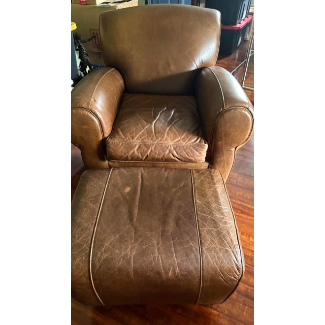Mitchell Gold 1930s Style Leather Manhattan Club Chair and Ottoman For Sale - Image 11 of 11