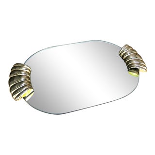 1970s Oval Mirrored Tray with Gold Shell Handles For Sale