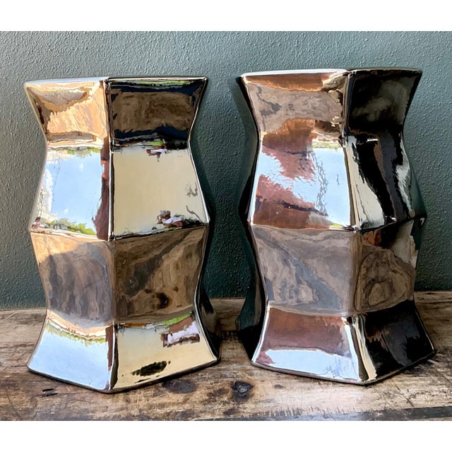 Vintage Faceted Metallic Glaze Low Stools - A Pair For Sale - Image 13 of 18