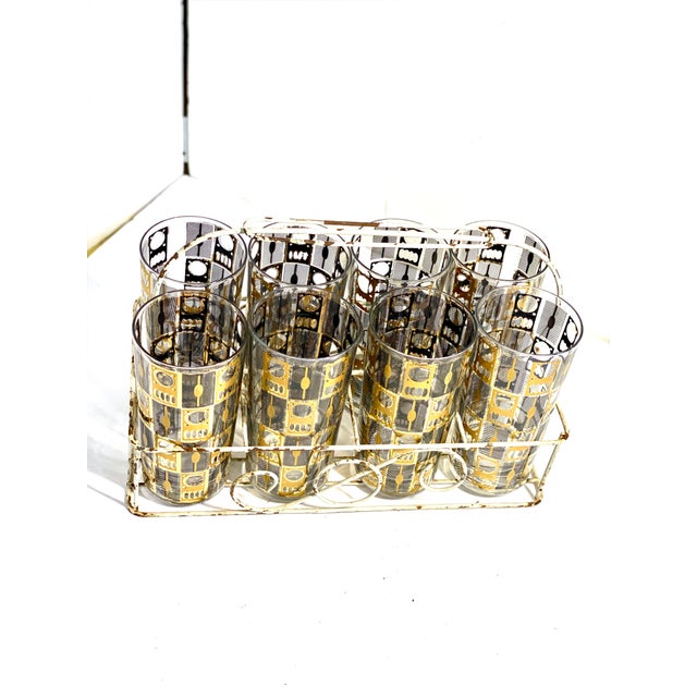 1960s Culver 22k Gold Highball Glasses W/ Caddy – Set of 8 – MCM Barware, Black & Gold Geometric For Sale - Image 10 of 12