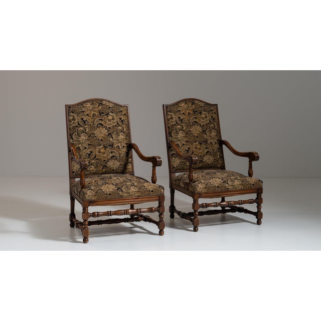 Pair of 19th Century French Dark Brown Louis XIII Upholstered Throne Armchairs For Sale - Image 13 of 14