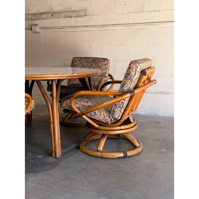 Mid-Century Modern Outdoor Rattan Dining Set With Extension Round Table and 4 Swivel Chairs Mid-Century Modern 1970s For Sale - Image 3 of 12