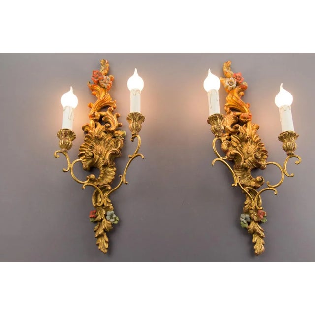Rococo Style Carved and Polychrome Painted Wooden Sconces, 1930s, Set of 2 For Sale - Image 4 of 18