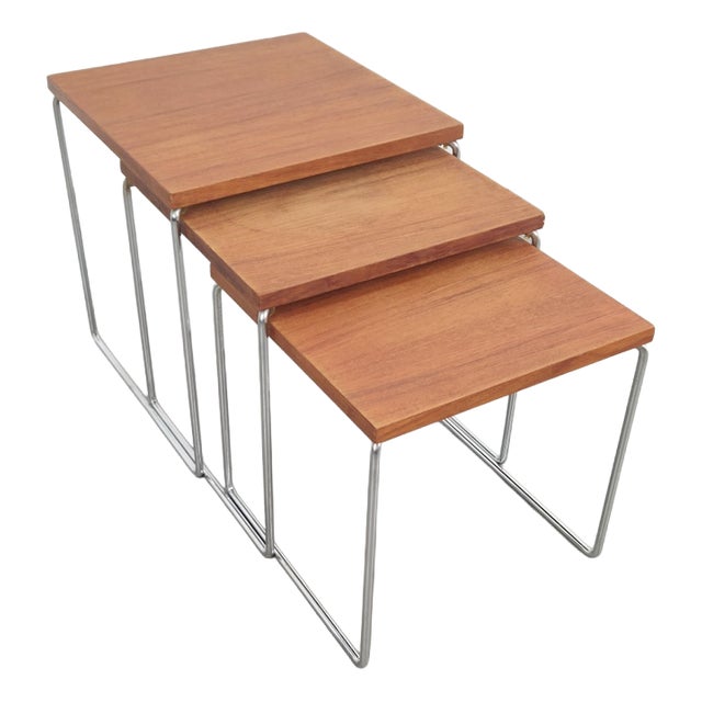 Vintage Chrome and Teak Nesting Tables by Brabantia, 1960s, Set of 3 For Sale