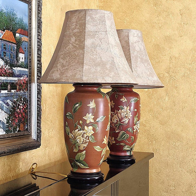 Vintage Burgundy Floral Chinoiserie Ceramic Ginger Jar Table Lamps With Shades - Pair For Sale - Image 13 of 18