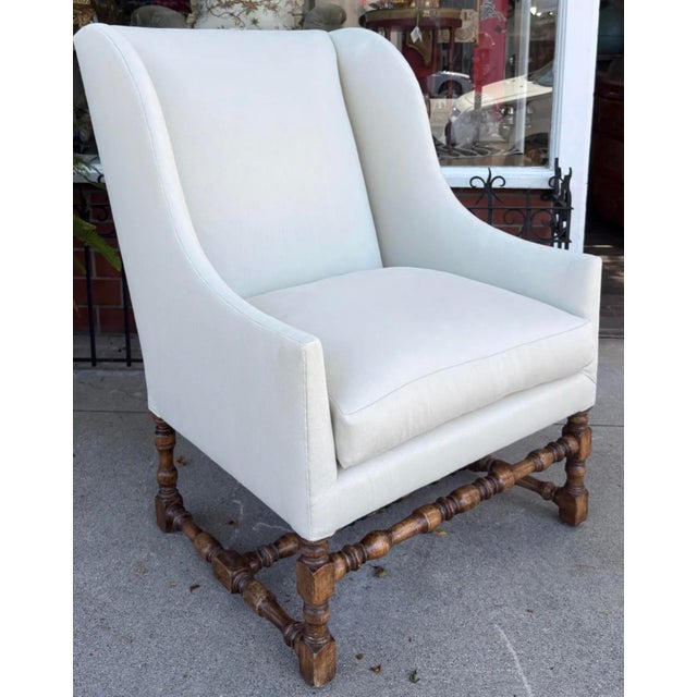 1990s 18c Style Dennis & Leen Wingback Arm Chair W Nancy Corzine Fabric - 1 of 2 Available For Sale - Image 5 of 6
