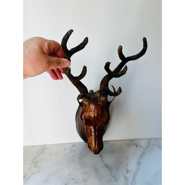 Brown 1960s Hanging Stag Head Leather Deer Head Wall Mounted Sculpture Wall Decor For Sale - Image 8 of 10