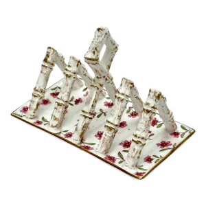 Beautiful Antique Victorian Hand Decorated Bamboo & Flowers Motif Porcelain Toast Serving Rack - Circa 1890s