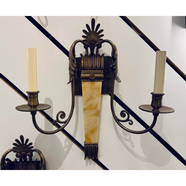 Elegant Italian Empire Marble and Bronze Wall Sconces Pair, acanthus leaves detail, two lights, circa 1990’s, showroom...