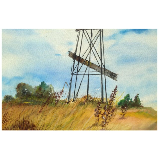 Impressionist 1960s Country Windmill Rural Landscape Watercolor Painting by H. Kendall, Framed For Sale - Image 3 of 6