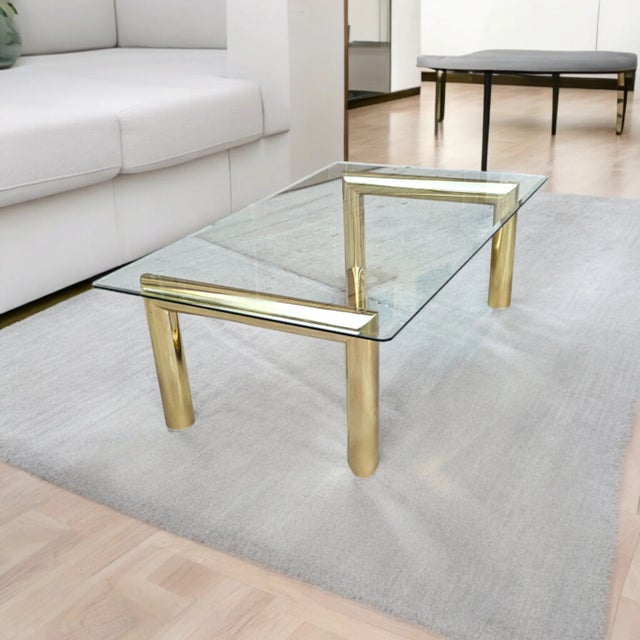Mid-Century Modern 1970s Karl Springer Style Brass Tubular Z Shaped Coffee Table With Glass Top For Sale - Image 3 of 3
