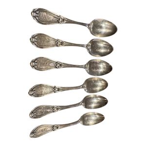 1900s Giles and Bros. Set of 6 "Grecian" Pattern Coin Silver Teaspoons. Antique