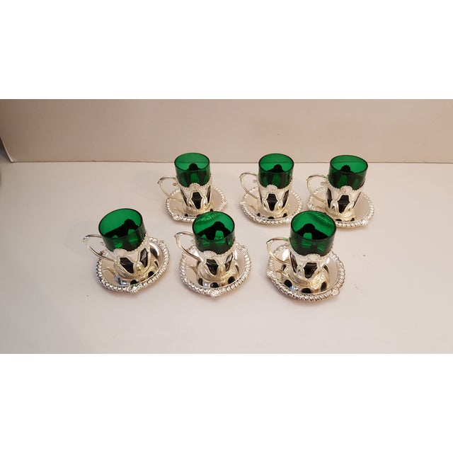 1900 - 1909 "Ms" Japanese Vintage Silver Bronze 13 Piece Drinking Cups & Saucers - Set of 6 For Sale - Image 5 of 7