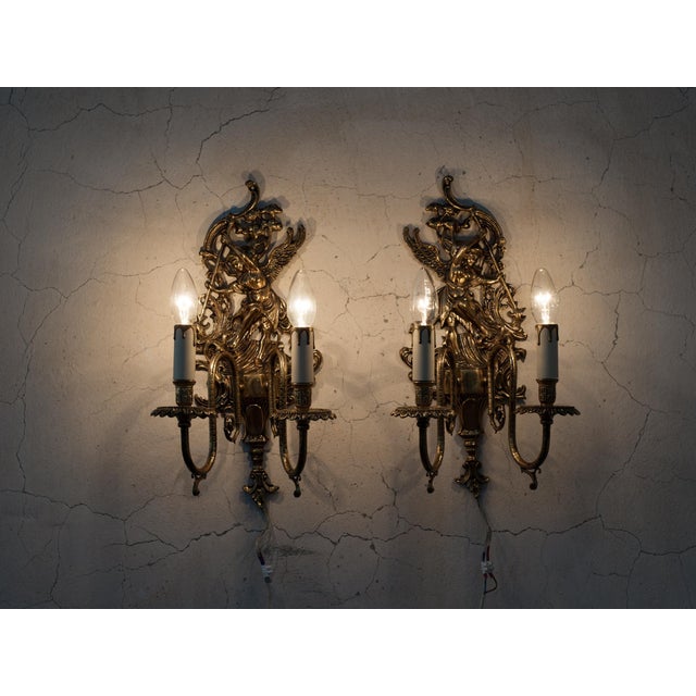 1950s Spanish Empire Cast Brass Winged Goddess Nike Victory 2-Light Wall Sconces - A Symmetrical Pair For Sale - Image 12 of 12