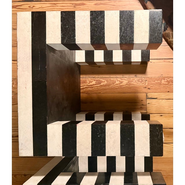 Postmodern Black & White Stripe Tessellated Marble Accent Tables For Sale - Image 4 of 9