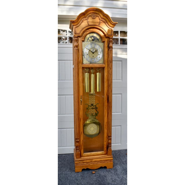 Brown Howard Miller Oak Grandfather Clock Moon Dial Triple Chime Floor Tall Case For Sale - Image 8 of 17
