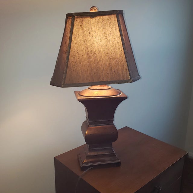 Bloomingdales Copper Patina Baluster Style Wood Table Lamp with shade Bought in the 1980s at Bloomingdales. Im changing my...