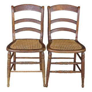 2 Antique American Country Oak Farmhouse Ladderback Chairs Cane Seat Pair For Sale