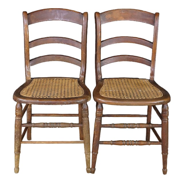 2 Antique American Country Oak Farmhouse Ladderback Chairs Cane Seat Pair For Sale