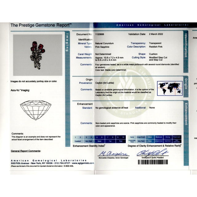 Pink Agl Certified No Heat Ceylon Pink Sapphire and Diamond Platinum Floral Brooch For Sale - Image 8 of 8
