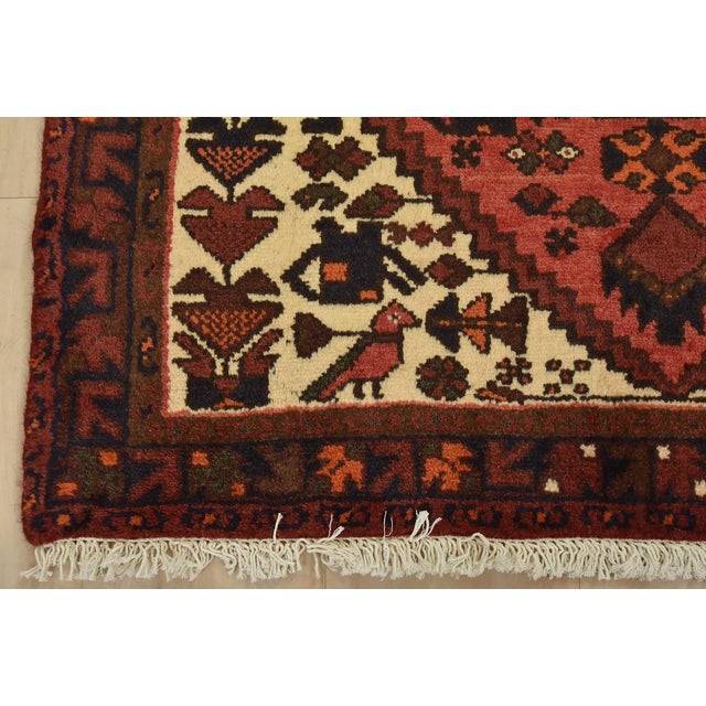 Hamedan Rug 3’2” X 4’4” Red Wool Vintage Tribal Hand-Knotted Oiental Carpet For Sale - Image 9 of 12