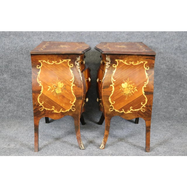 Chocolate Inlaid Italian Bombe Night Stands Commodes Circa 1940 - A Pair For Sale - Image 8 of 12