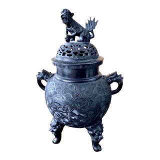 Antique Chinese Bronze Ding Censer With Foo Dog Lid, Late Qing Dynasty (C. 1880–1912), 19” H For Sale