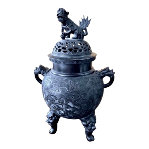 Antique Chinese Bronze Ding Censer With Foo Dog Lid, Late Qing Dynasty (C. 1880–1912), 19” H