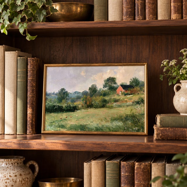 Bunny Williams Home French Country Landscape Art Print – Red Barn & Chickens in a Meadow, 16" X 12" For Sale - Image 4 of 8