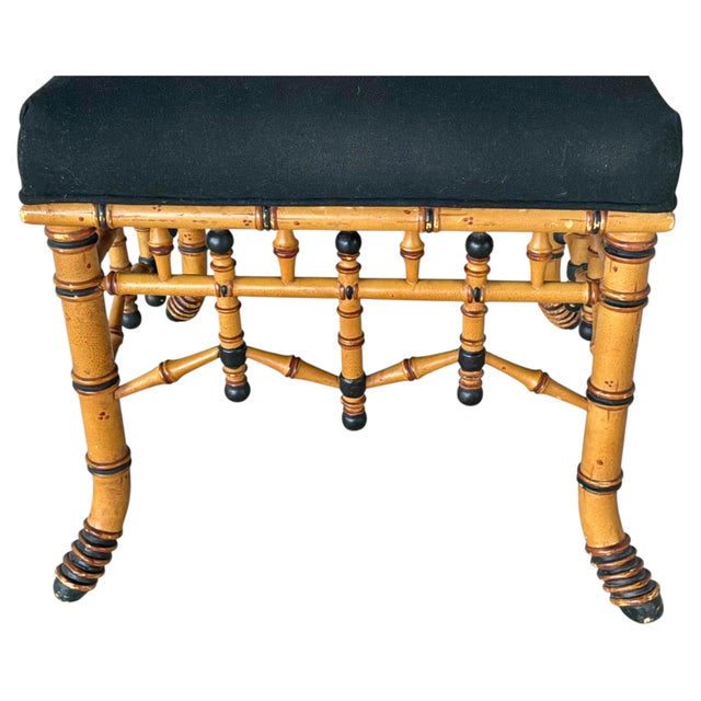 Early 20th Century Faux Bamboo Accent Bench/Footstool With Black Upholstered Top For Sale - Image 5 of 10