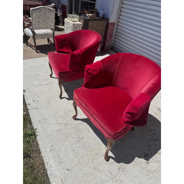 Hollywood Regency Pair of Red Velvet Vintage Tub Chairs For Sale - Image 3 of 5