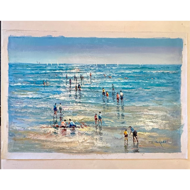 Beach Day Ocean Scene With Figures in Surf, Original Painting by J. Mogan For Sale - Image 4 of 5