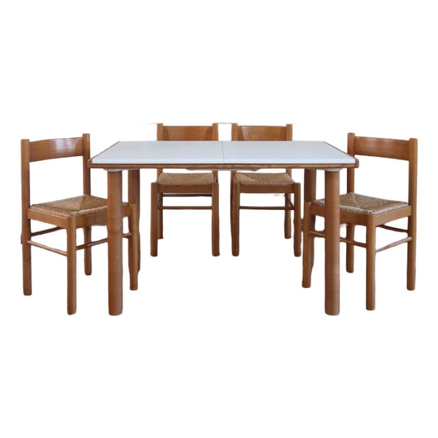 Habitat Extending Dining Table with Four Rush Seat Chairs, 1980s, Set of 5 For Sale