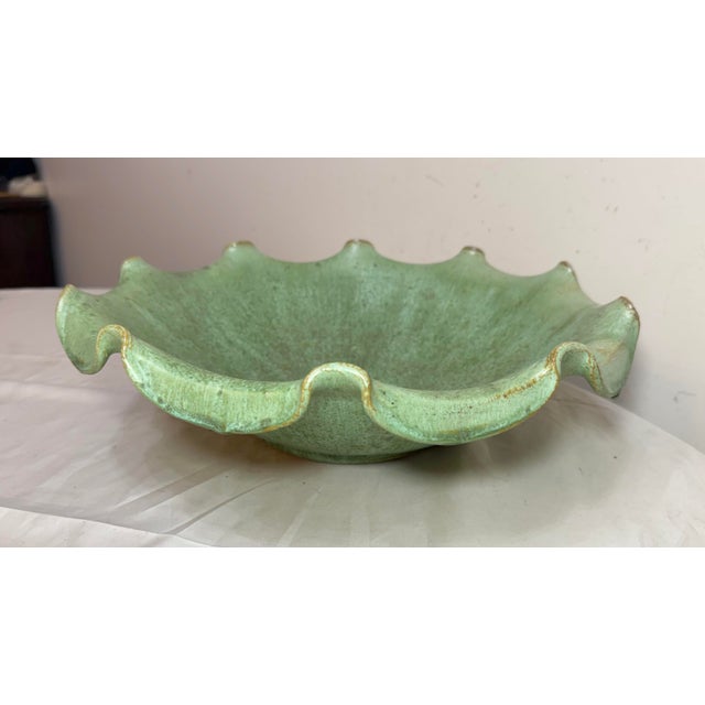 American Large Antique Handmade North Carolina Us Green Glaze Centerpiece Pottery Bowl For Sale - Image 3 of 14