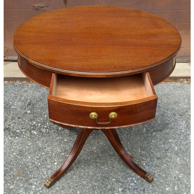 1940s Georgian-Style Mahogany Drum Table With a Single Drawer and Brass Hardware For Sale - Image 4 of 9