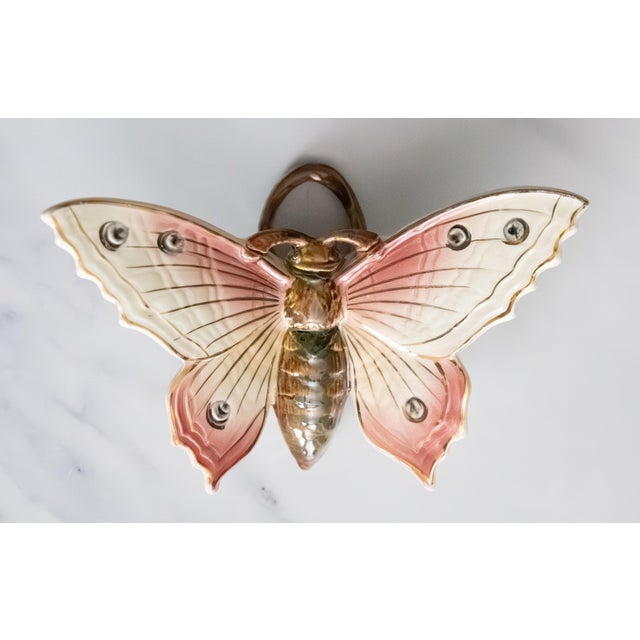 A charming antique French Fives Lille majolica butterfly wall pocket, circa 1900. It displays beautifully with fluttering...