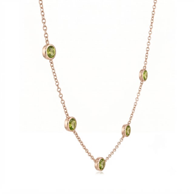 Contemporary Delicate Peridot Station Layering Necklace | 18k Gold Plated Round Bezel Set Necklace | August Birthstone Gift for Her For Sale - Image 3 of 3