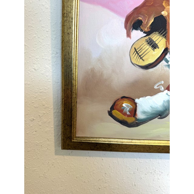 Late 20th Century Oil Painting Clown Musician Signed L. Angeli Colorful Figurative Art Circus For Sale - Image 4 of 12