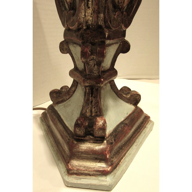 1970s Italian Baroque Style Hand Carved Wood Lamps Silk Shades - a Pair For Sale - Image 16 of 17