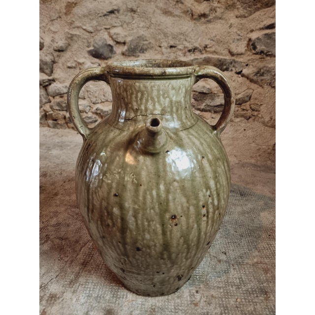 Large 19th Century French Terracotta Oil Pot with Green Glaze Auvergne For Sale - Image 3 of 13