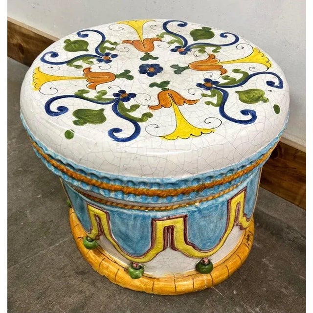Majolica Italian Ceramic Terracotta Hand Painted Hollywood Regency Stool For Sale - Image 4 of 10