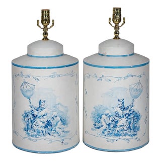A Pair Vintage English Export Tea Caddy Hand-Painted Chinoiserie Figurines Table Lamp For Sale