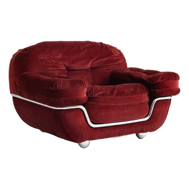 Space Age Italian Chrome and Velvet Lounge Chair For Sale