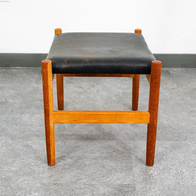 Mid-Century Modern Mid Century Modern Ottoman Stool Swivel Black Solid Oak Wood Tufted Spottrup MCM For Sale - Image 3 of 12