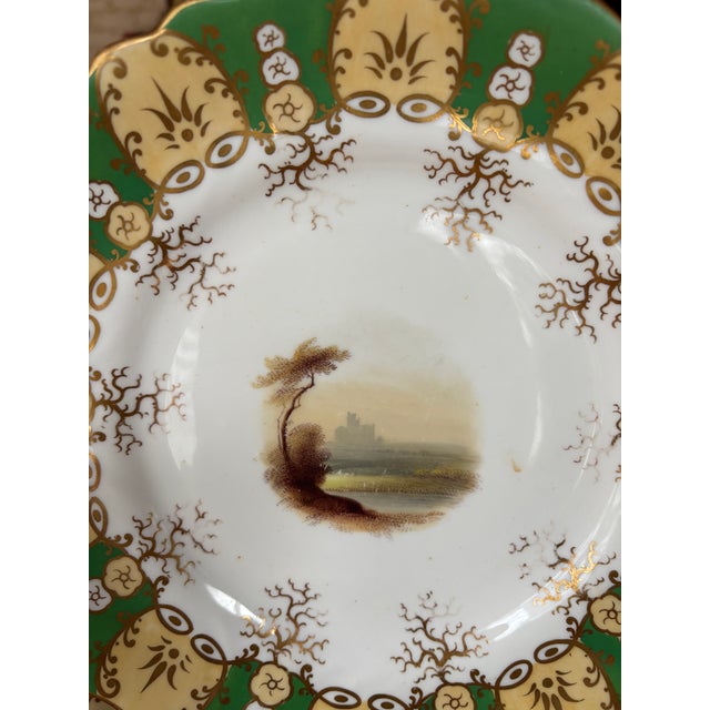 1900 - 1909 Antique Green & Gilt Porcelain Plates Scenic Victorian C 1900 Gold Scalloped - Set of 10 For Sale - Image 5 of 12